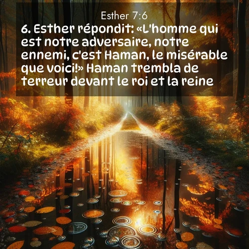 Segond21 Esther  ; image nature: image avec le verset biblique :Esther répondit: «L&#039;homme qui est notre adversaire, notre ennemi, c&#039;est Haman, le misérable que voici!» Haman trembla de terreur devant le roi et la reine. ;  ; 7:6