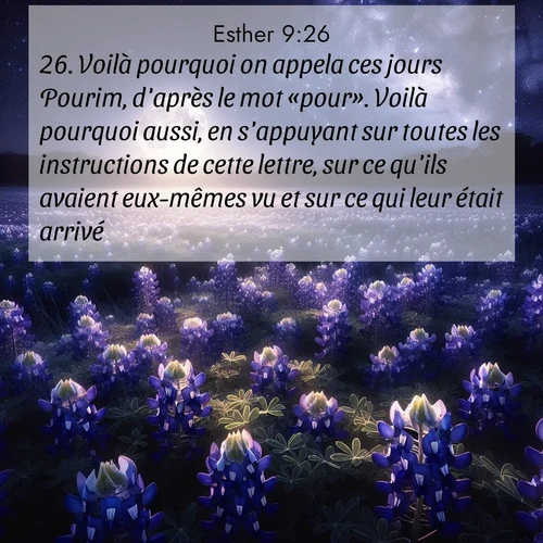 Segond21 Esther  ; image nature: image avec le verset biblique :Voilà pourquoi on appela ces jours Pourim, d&#039;après le mot «pour». Voilà pourquoi aussi, en s&#039;appuyant sur toutes les instructions de cette lettre, sur ce qu&#039;ils avaient eux-mêmes vu et sur ce qui leur était arrivé, ;  ; 9:26