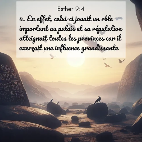 Segond21 Esther  ; image nature: image avec le verset biblique :En effet, celui-ci jouait un rôle important au palais et sa réputation atteignait toutes les provinces car il exerçait une influence grandissante. ;  ; 9:4