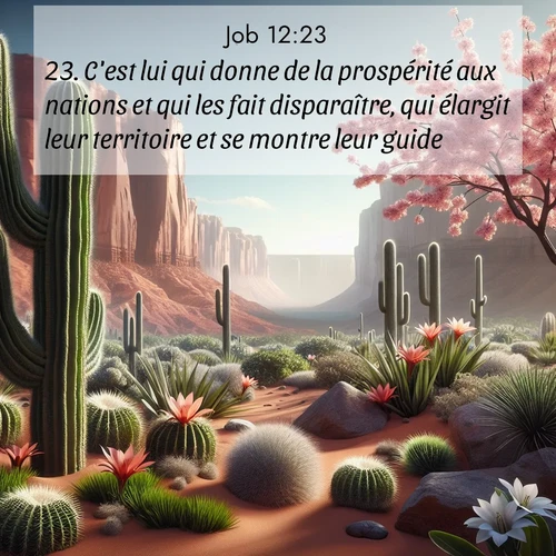 Segond21 Job  ; image nature: image avec le verset biblique :C&#039;est lui qui donne de la prospérité aux nations et qui les fait disparaître, qui élargit leur territoire et se montre leur guide. ;  ; 12:23