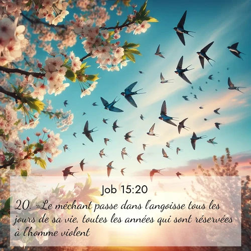 Segond21 Job  ; image nature: image avec le verset biblique :»Le méchant passe dans l&#039;angoisse tous les jours de sa vie, toutes les années qui sont réservées à l&#039;homme violent. ;  ; 15:20