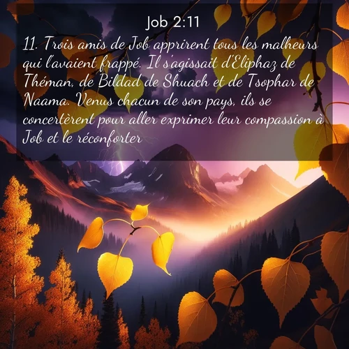 Segond21 Job  ; image nature: image avec le verset biblique :Trois amis de Job apprirent tous les malheurs qui l&#039;avaient frappé. Il s&#039;agissait d&#039;Eliphaz de Théman, de Bildad de Shuach et de Tsophar de Naama. Venus chacun de son pays, ils se concertèrent pour aller exprimer leur compassion à Job et le réconforter. ;  ; 2:11