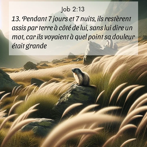 Segond21 Job  ; image nature: image avec le verset biblique :Pendant 7 jours et 7 nuits, ils restèrent assis par terre à côté de lui, sans lui dire un mot, car ils voyaient à quel point sa douleur était grande. ;  ; 2:13