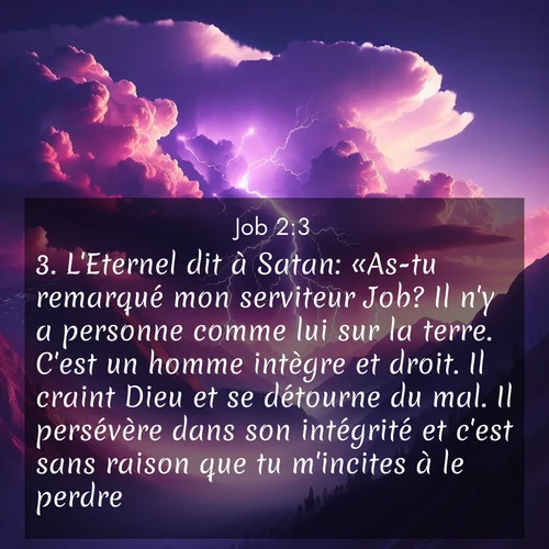 Segond21 Job  ; image nature: image avec le verset biblique :L&#039;Eternel dit à Satan: «As-tu remarqué mon serviteur Job? Il n&#039;y a personne comme lui sur la terre. C&#039;est un homme intègre et droit. Il craint Dieu et se détourne du mal. Il persévère dans son intégrité et c&#039;est sans raison que tu m&#039;incites à le perdre.» ;  ; 2:3
