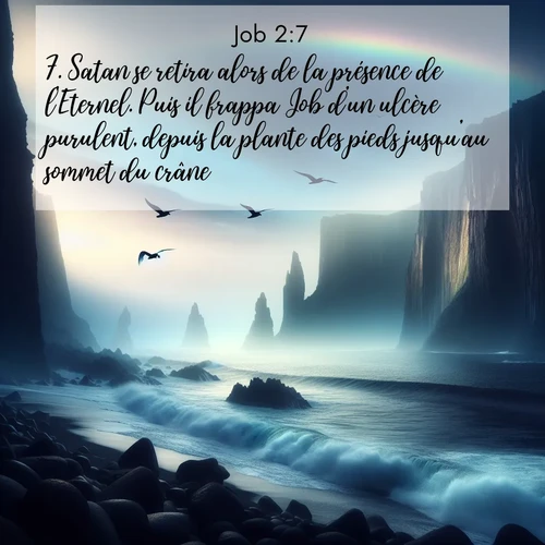 Segond21 Job  ; image nature: image avec le verset biblique :Satan se retira alors de la présence de l&#039;Eternel. Puis il frappa Job d&#039;un ulcère purulent, depuis la plante des pieds jusqu&#039;au sommet du crâne. ;  ; 2:7