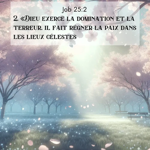 Segond21 Job  ; image nature: image avec le verset biblique :«Dieu exerce la domination et la terreur, il fait régner la paix dans les lieux célestes. ;  ; 25:2