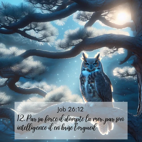 Segond21 Job  ; image nature: image avec le verset biblique :Par sa force il dompte la mer, par son intelligence il en brise l&#039;orgueil. ;  ; 26:12