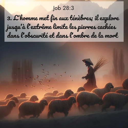 Segond21 Job  ; image nature: image avec le verset biblique :L&#039;homme met fin aux ténèbres; il explore jusqu&#039;à l&#039;extrême limite les pierres cachées dans l&#039;obscurité et dans l&#039;ombre de la mort. ;  ; 28:3