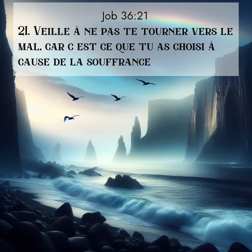 Segond21 Job  ; image nature: image avec le verset biblique :Veille à ne pas te tourner vers le mal, car c&#039;est ce que tu as choisi à cause de la souffrance. ;  ; 36:21