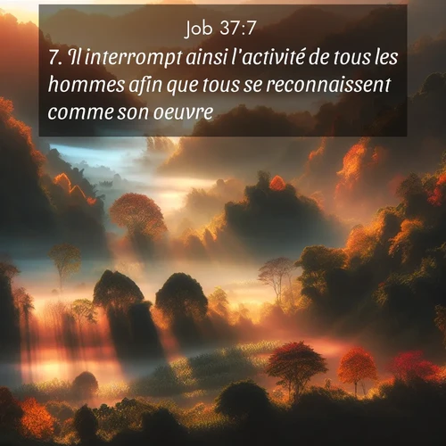 Segond21 Job  ; image nature: image avec le verset biblique :Il interrompt ainsi l&#039;activité de tous les hommes afin que tous se reconnaissent comme son oeuvre. ;  ; 37:7