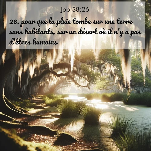 Segond21 Job  ; image nature: image avec le verset biblique :pour que la pluie tombe sur une terre sans habitants, sur un désert où il n&#039;y a pas d&#039;êtres humains, ;  ; 38:26