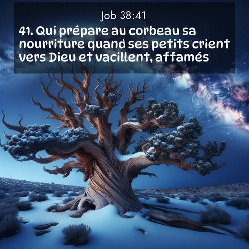 Segond21 Job  ; image nature: image avec le verset biblique :Qui prépare au corbeau sa nourriture quand ses petits crient vers Dieu et vacillent, affamés? ;  ; 38:41