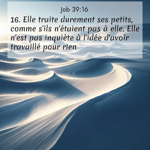 Segond21 Job  ; image nature: image avec le verset biblique :Elle traite durement ses petits, comme s&#039;ils n&#039;étaient pas à elle. Elle n&#039;est pas inquiète à l&#039;idée d&#039;avoir travaillé pour rien. ;  ; 39:16