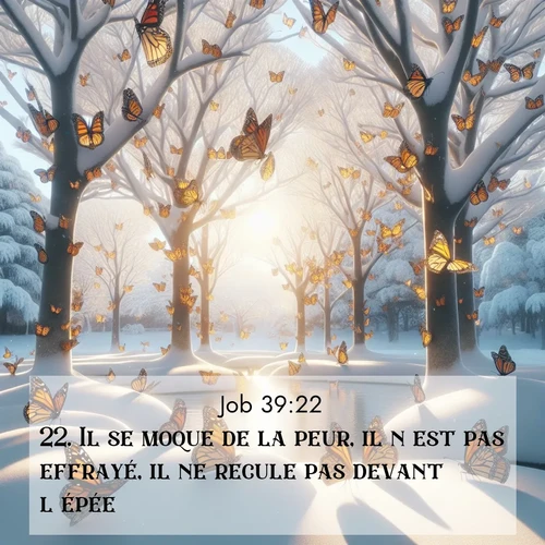Segond21 Job  ; image nature: image avec le verset biblique :Il se moque de la peur, il n&#039;est pas effrayé, il ne recule pas devant l&#039;épée. ;  ; 39:22