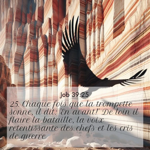 Segond21 Job  ; image nature: image avec le verset biblique :Chaque fois que la trompette sonne, il dit: &#039;En avant!&#039; De loin il flaire la bataille, la voix retentissante des chefs et les cris de guerre. ;  ; 39:25