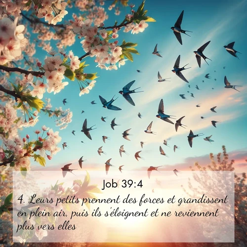 Segond21 Job  ; image nature: image avec le verset biblique :Leurs petits prennent des forces et grandissent en plein air, puis ils s&#039;éloignent et ne reviennent plus vers elles. ;  ; 39:4