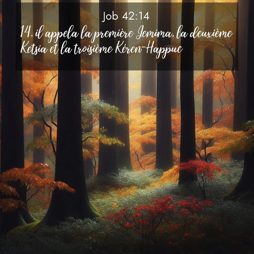 Segond21 Job  ; image nature: image avec le verset biblique :il appela la première Jemima, la deuxième Ketsia et la troisième Kéren-Happuc. ;  ; 42:14