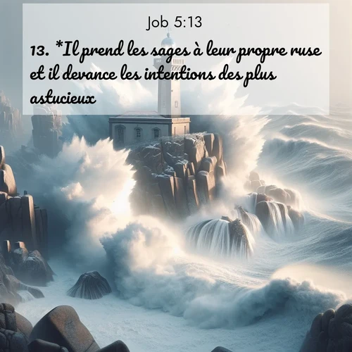 Segond21 Job  ; image nature: image avec le verset biblique :*Il prend les sages à leur propre ruse et il devance les intentions des plus astucieux: ;  ; 5:13