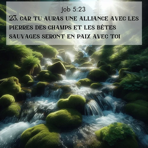 Segond21 Job  ; image nature: image avec le verset biblique :car tu auras une alliance avec les pierres des champs et les bêtes sauvages seront en paix avec toi. ;  ; 5:23