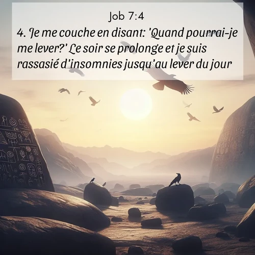 Segond21 Job  ; image nature: image avec le verset biblique :Je me couche en disant: &#039;Quand pourrai-je me lever?&#039; Le soir se prolonge et je suis rassasié d&#039;insomnies jusqu&#039;au lever du jour. ;  ; 7:4
