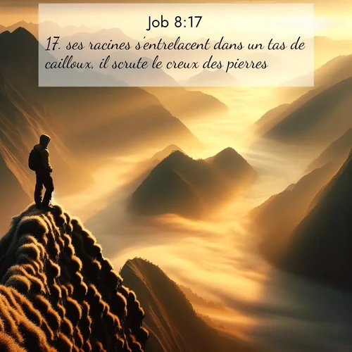 Segond21 Job  ; image nature: image avec le verset biblique :ses racines s&#039;entrelacent dans un tas de cailloux, il scrute le creux des pierres. ;  ; 8:17