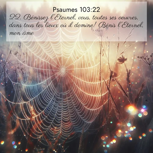 Segond21 Psaumes  ; image nature: image avec le verset biblique :Bénissez l&#039;Eternel, vous, toutes ses oeuvres, dans tous les lieux où il domine! Bénis l&#039;Eternel, mon âme! ;  ; 103:22