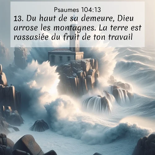 Segond21 Psaumes  ; image nature: image avec le verset biblique :Du haut de sa demeure, Dieu arrose les montagnes. La terre est rassasiée du fruit de ton travail. ;  ; 104:13
