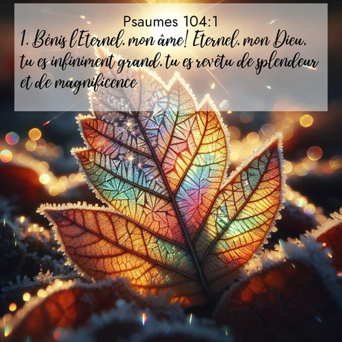 Segond21 Psaumes  ; image nature: image avec le verset biblique :Bénis l&#039;Eternel, mon âme! Eternel, mon Dieu, tu es infiniment grand, tu es revêtu de splendeur et de magnificence. ;  ; 104:1