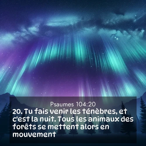 Segond21 Psaumes  ; image nature: image avec le verset biblique :Tu fais venir les ténèbres, et c&#039;est la nuit. Tous les animaux des forêts se mettent alors en mouvement; ;  ; 104:20