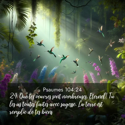 Segond21 Psaumes  ; image nature: image avec le verset biblique :Que tes oeuvres sont nombreuses, Eternel! Tu les as toutes faites avec sagesse. La terre est remplie de tes biens. ;  ; 104:24