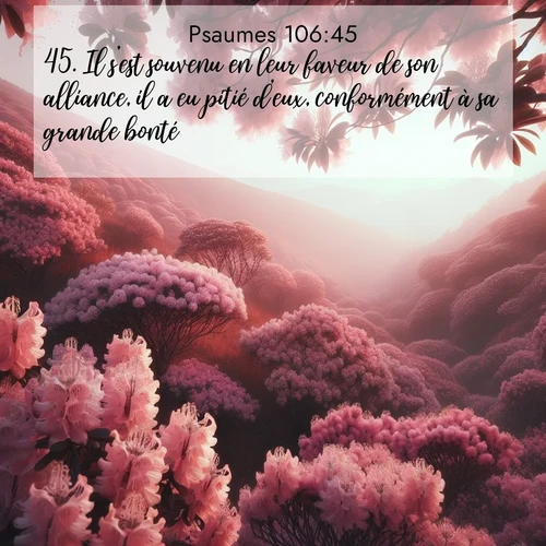 Segond21 Psaumes  ; image nature: image avec le verset biblique :Il s&#039;est souvenu en leur faveur de son alliance, il a eu pitié d&#039;eux, conformément à sa grande bonté, ;  ; 106:45