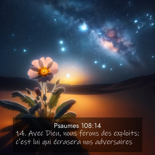 Segond21 Psaumes  ; image nature: image avec le verset biblique :Avec Dieu, nous ferons des exploits: c&#039;est lui qui écrasera nos adversaires. ;  ; 108:14