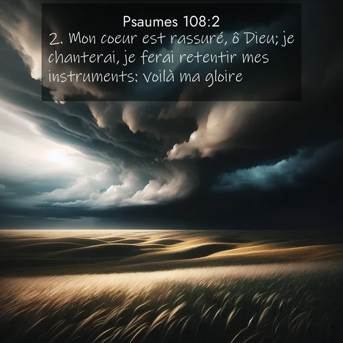Segond21 Psaumes  ; image nature: image avec le verset biblique :Mon coeur est rassuré, ô Dieu; je chanterai, je ferai retentir mes instruments: voilà ma gloire! ;  ; 108:2