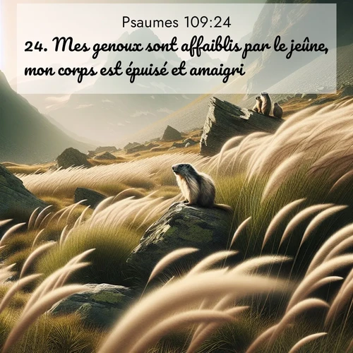 Segond21 Psaumes  ; image nature: image avec le verset biblique :Mes genoux sont affaiblis par le jeûne, mon corps est épuisé et amaigri. ;  ; 109:24