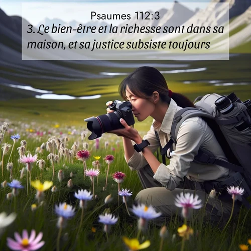 Segond21 Psaumes  ; image nature: image avec le verset biblique :Le bien-être et la richesse sont dans sa maison, et sa justice subsiste toujours. ;  ; 112:3