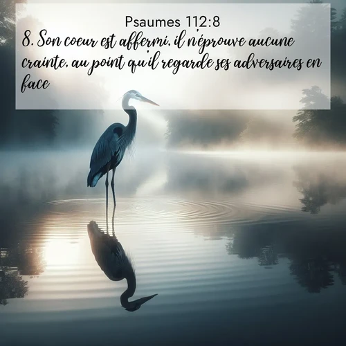 Segond21 Psaumes  ; image nature: image avec le verset biblique :Son coeur est affermi, il n&#039;éprouve aucune crainte, au point qu&#039;il regarde ses adversaires en face. ;  ; 112:8