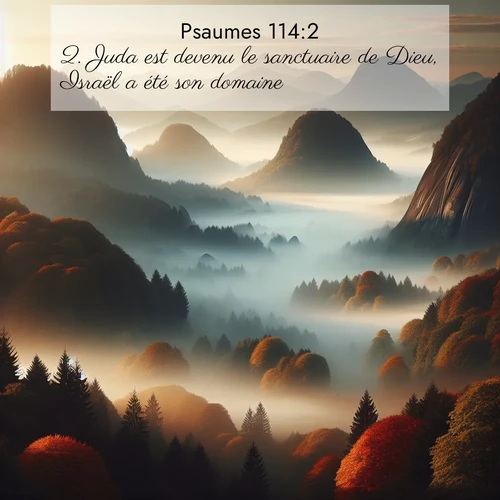 Segond21 Psaumes  ; image nature: image avec le verset biblique :Juda est devenu le sanctuaire de Dieu, Israël a été son domaine. ;  ; 114:2