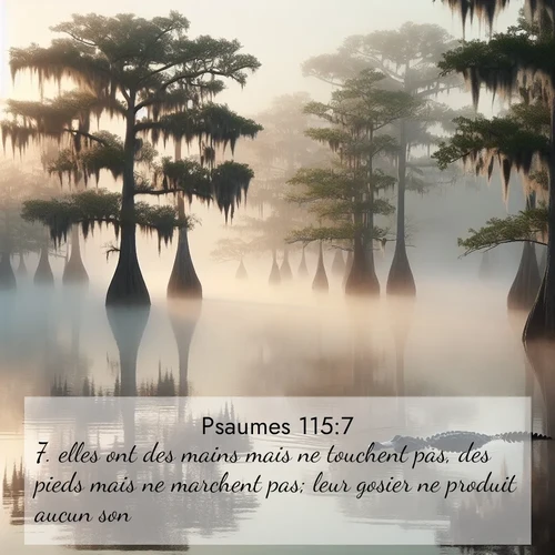 Segond21 Psaumes  ; image nature: image avec le verset biblique :elles ont des mains mais ne touchent pas, des pieds mais ne marchent pas; leur gosier ne produit aucun son. ;  ; 115:7