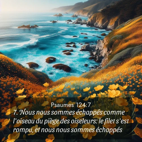 Segond21 Psaumes  ; image nature: image avec le verset biblique :Nous nous sommes échappés comme l&#039;oiseau du piège des oiseleurs: le filet s&#039;est rompu, et nous nous sommes échappés. ;  ; 124:7