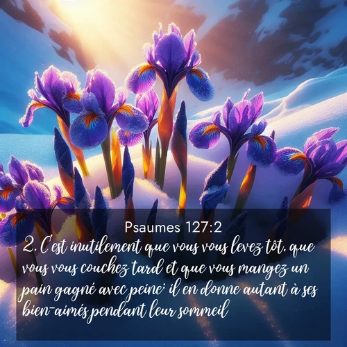 Segond21 Psaumes  ; image nature: image avec le verset biblique :C&#039;est inutilement que vous vous levez tôt, que vous vous couchez tard et que vous mangez un pain gagné avec peine: il en donne autant à ses bien-aimés pendant leur sommeil. ;  ; 127:2