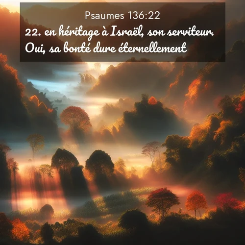 Segond21 Psaumes  ; image nature: image avec le verset biblique :en héritage à Israël, son serviteur.  Oui, sa bonté dure éternellement.  ;  ; 136:22