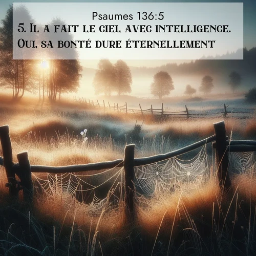 Segond21 Psaumes  ; image nature: image avec le verset biblique :Il a fait le ciel avec intelligence.  Oui, sa bonté dure éternellement.  ;  ; 136:5