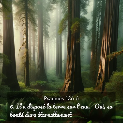 Segond21 Psaumes  ; image nature: image avec le verset biblique :Il a disposé la terre sur l&#039;eau.  Oui, sa bonté dure éternellement.  ;  ; 136:6