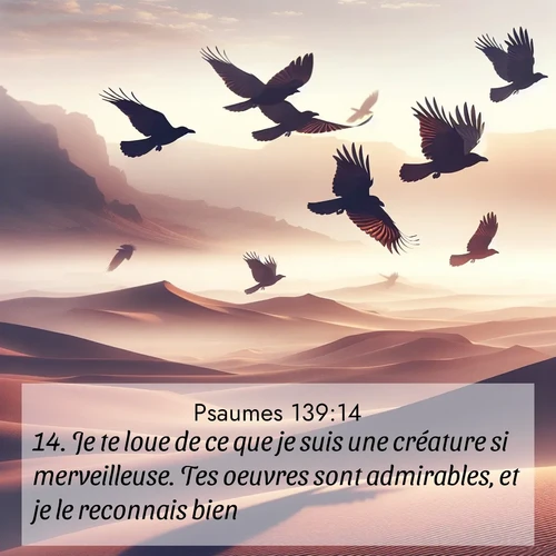 Segond21 Psaumes  ; image nature: image avec le verset biblique :Je te loue de ce que je suis une créature si merveilleuse. Tes oeuvres sont admirables, et je le reconnais bien. ;  ; 139:14