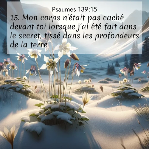 Segond21 Psaumes  ; image nature: image avec le verset biblique :Mon corps n&#039;était pas caché devant toi lorsque j&#039;ai été fait dans le secret, tissé dans les profondeurs de la terre. ;  ; 139:15