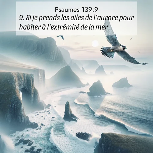 Segond21 Psaumes  ; image nature: image avec le verset biblique :Si je prends les ailes de l&#039;aurore pour habiter à l&#039;extrémité de la mer, ;  ; 139:9