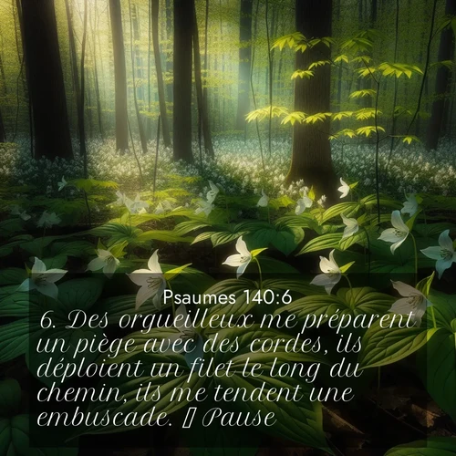 Segond21 Psaumes  ; image nature: image avec le verset biblique :Des orgueilleux me préparent un piège avec des cordes, ils déploient un filet le long du chemin, ils me tendent une embuscade.          Pause. ;  ; 140:6