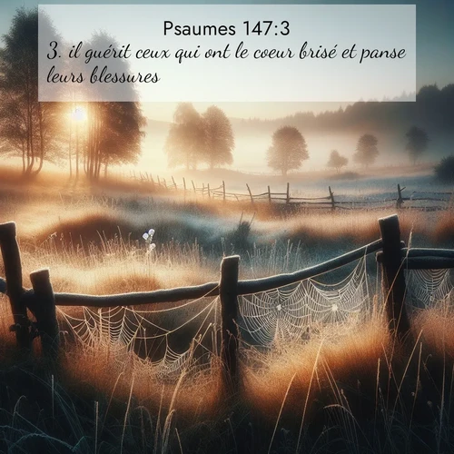 Segond21 Psaumes  ; image nature: image avec le verset biblique :il guérit ceux qui ont le coeur brisé et panse leurs blessures. ;  ; 147:3