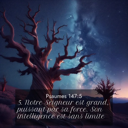 Segond21 Psaumes  ; image nature: image avec le verset biblique :Notre Seigneur est grand, puissant par sa force. Son intelligence est sans limite. ;  ; 147:5