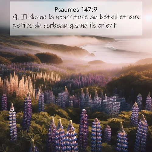 Segond21 Psaumes  ; image nature: image avec le verset biblique :Il donne la nourriture au bétail et aux petits du corbeau quand ils crient. ;  ; 147:9